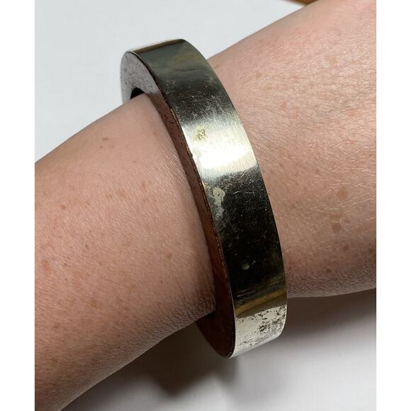 Bracelet Bangle Vintage Modernist Wood Silver Tone Metal 8” Estate - Picture 7 of 10